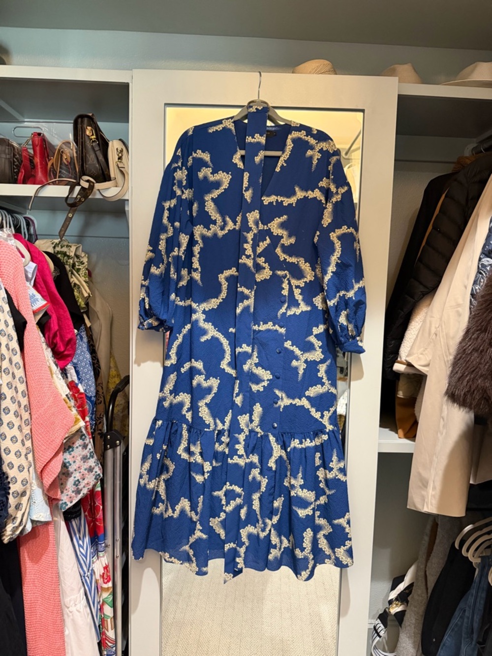 Ted Baker Navy Blue Midi Dress with Cream Floral Motif